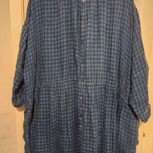 Ichi Antiquités Button-Up Navy & Chambray Plaid Linen Dress W/side Pockets B:54"